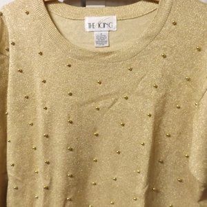 LADIES, SMALL, GOLD LONG SLEEVE SWEATER WITH GOLD BEADS, COTTON BLEND,